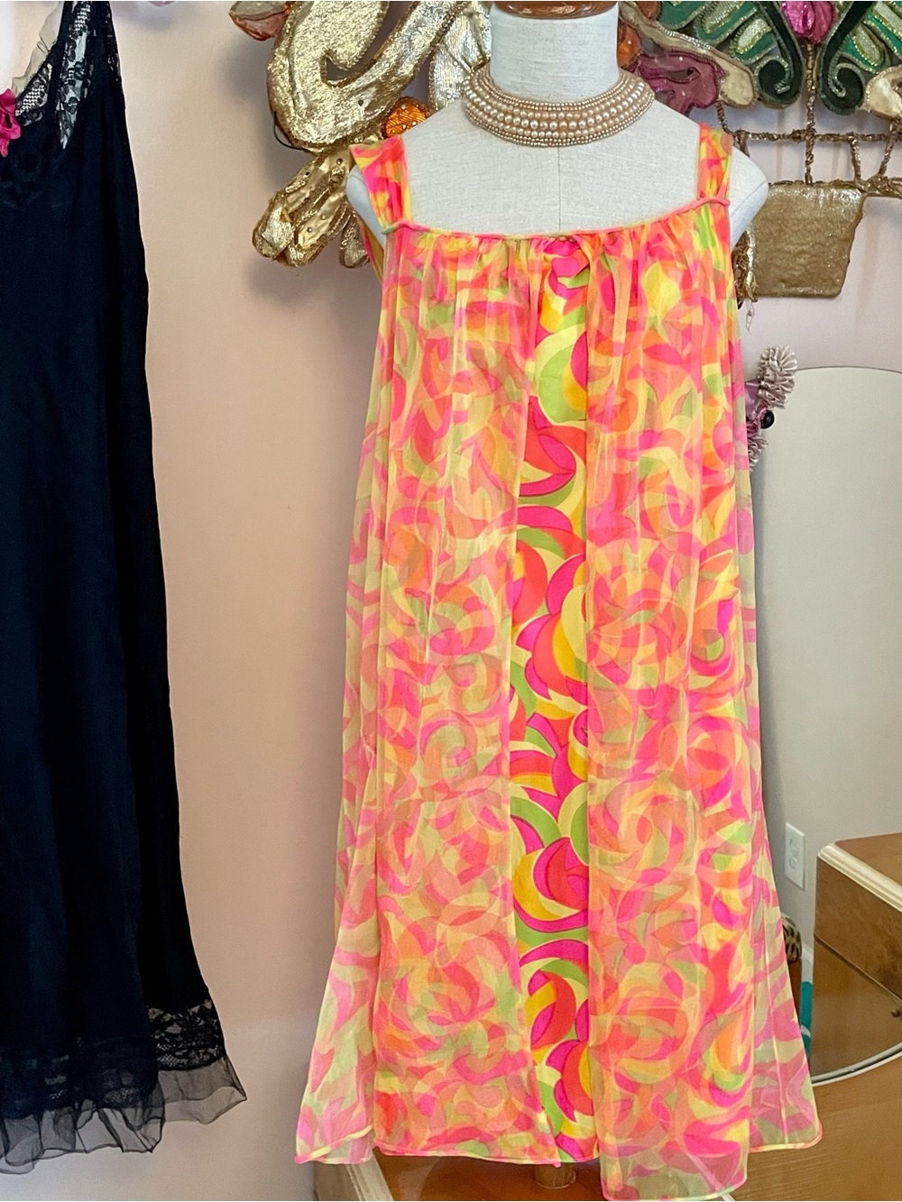 Trillium 1960s Psychedelic Print Nightgown w Sheer Overlay Size L